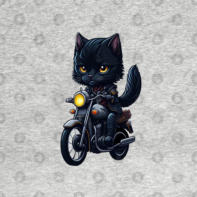 Biker Cute Black Cat Riding Motorcycle by Pixelate Cat